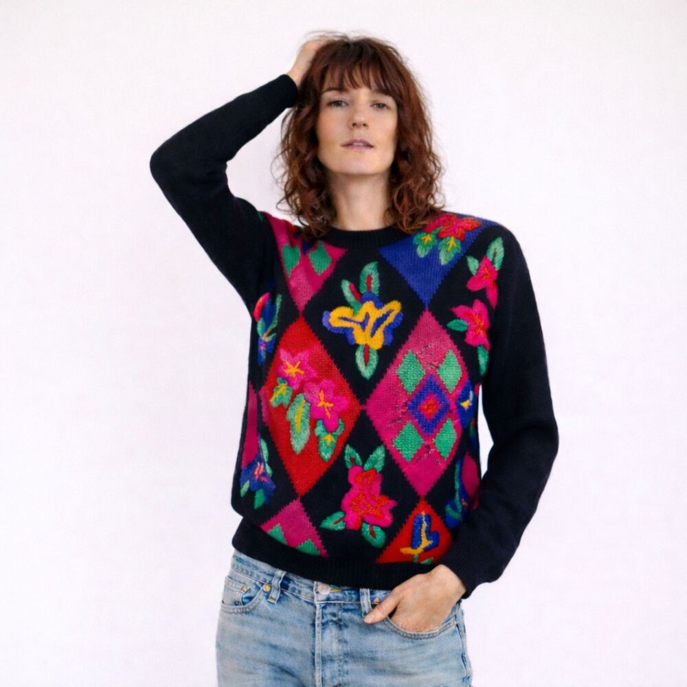 Alfred Dunn Vintage Multi-Colored Floral Wool Blend Sweater | Size M | EUC